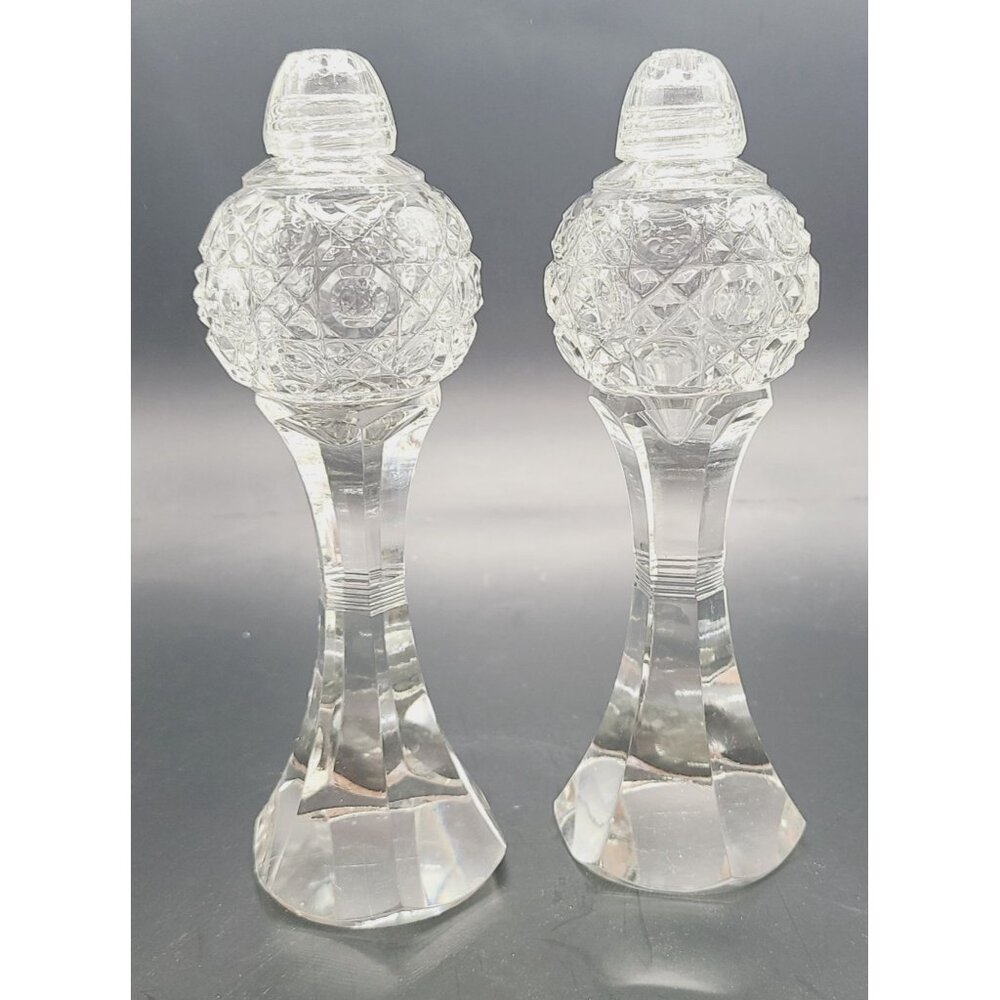 Bohemian Cut Crystal Salt & Pepper Shakers Tall Footed MCM Vintage